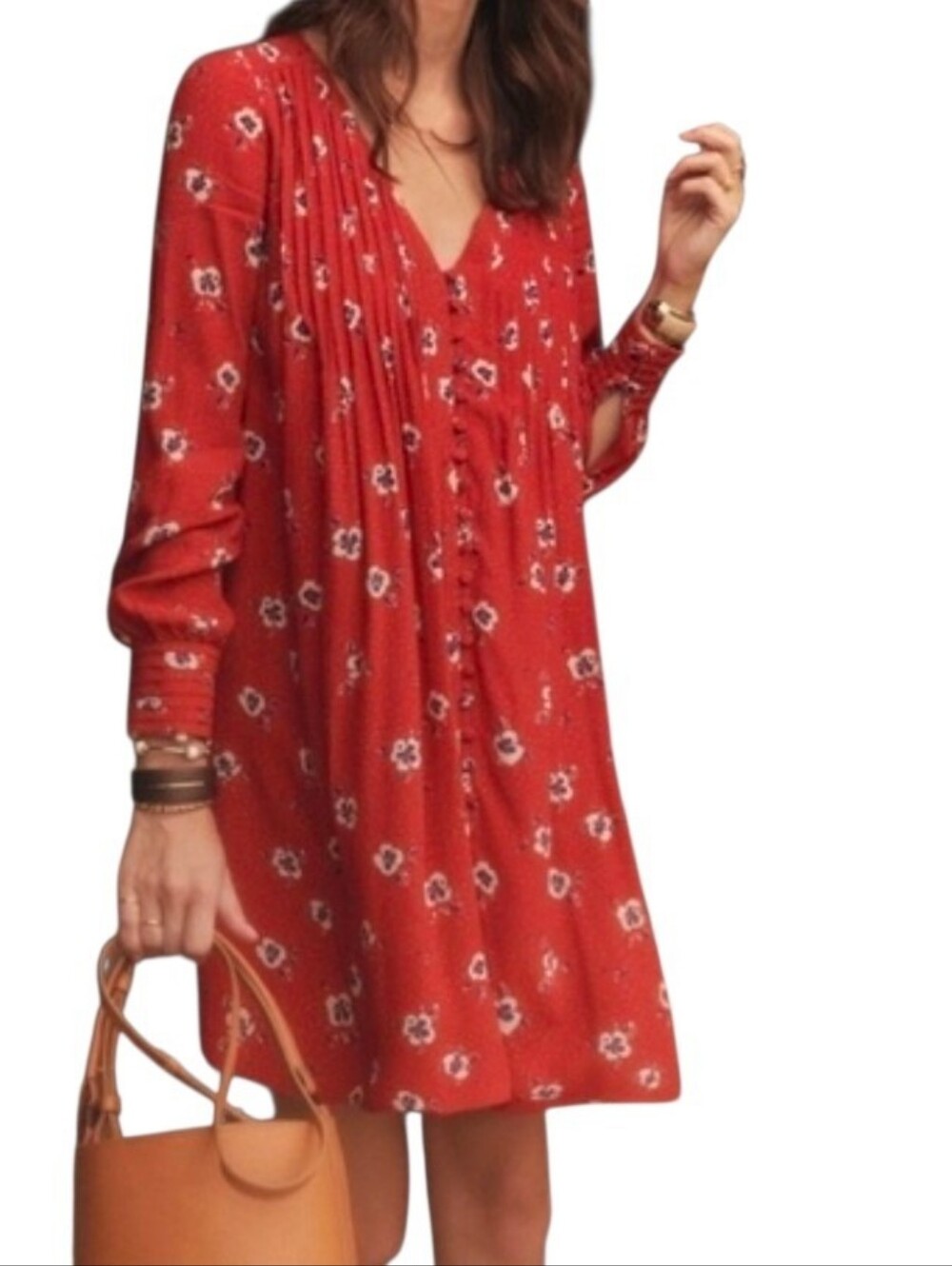 Sézane Joe dress in red floral print long sleeves button-front design Size 38/6